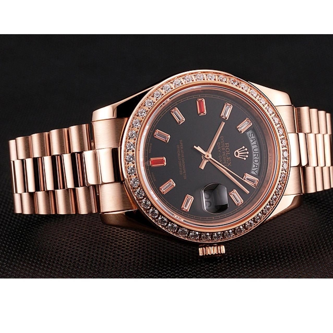 Best AAA Replica Sites Rolex Dial Rose Diamonds Bracelet Gold Day-Date Rubies Black And 1454102 Swiss 0805